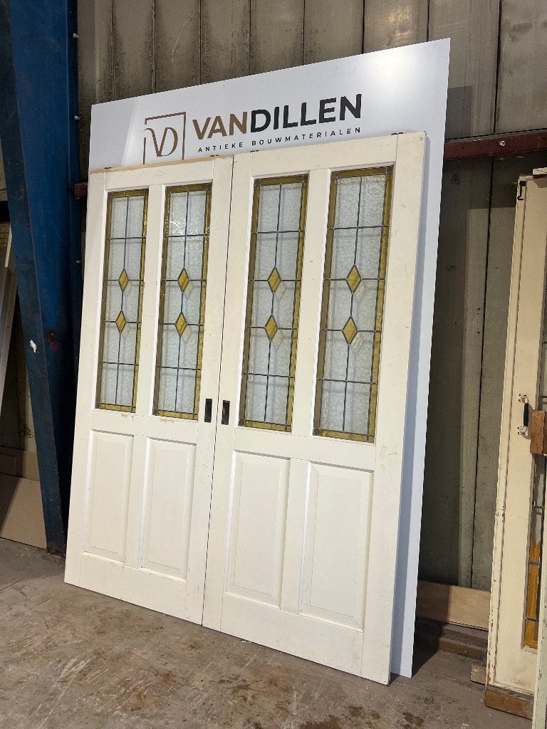 Oude robuuste ensuite schuifdeuren met glas in lood, Gebruikt, 120 cm of meer, Binnendeur, Ophalen of Verzenden