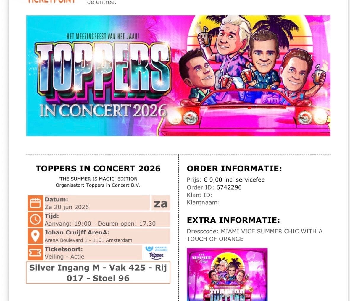 2 silver tickets naar de toppers zaterdag 20 juni, Tickets en Kaartjes, Twee personen, Juni