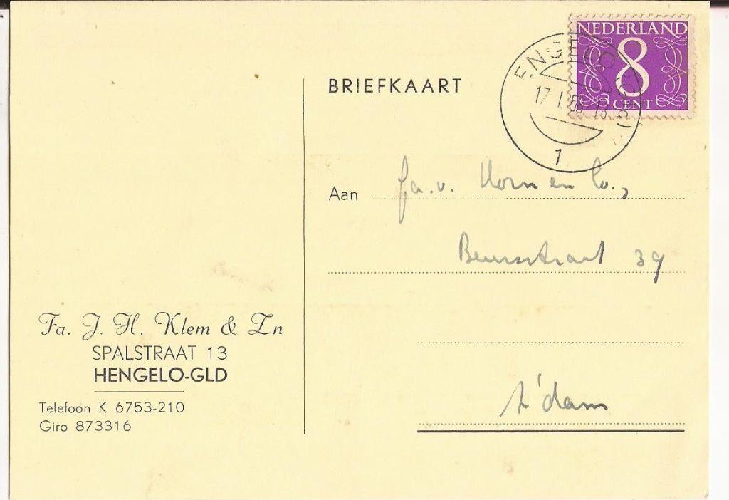HENGELO (Gld.) Fa JH. KLEM & Zn Spalstr. 13 over factuur, Verzamelen, Ansichtkaarten | Nederland, Ophalen of Verzenden, 1940 tot 1960