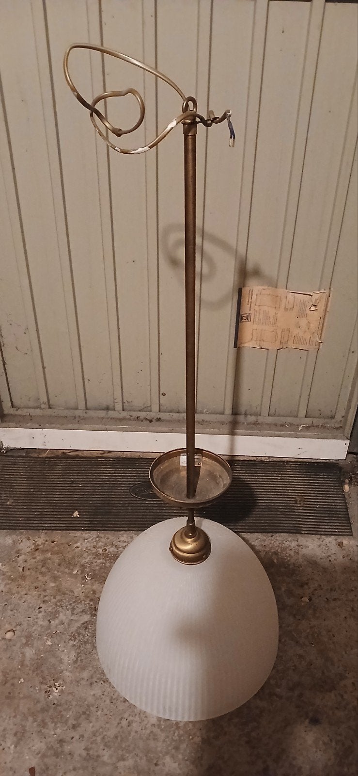 2 koperen/glazen Vintage hanglampen., Ophalen of Verzenden, Gebruikt, Glas