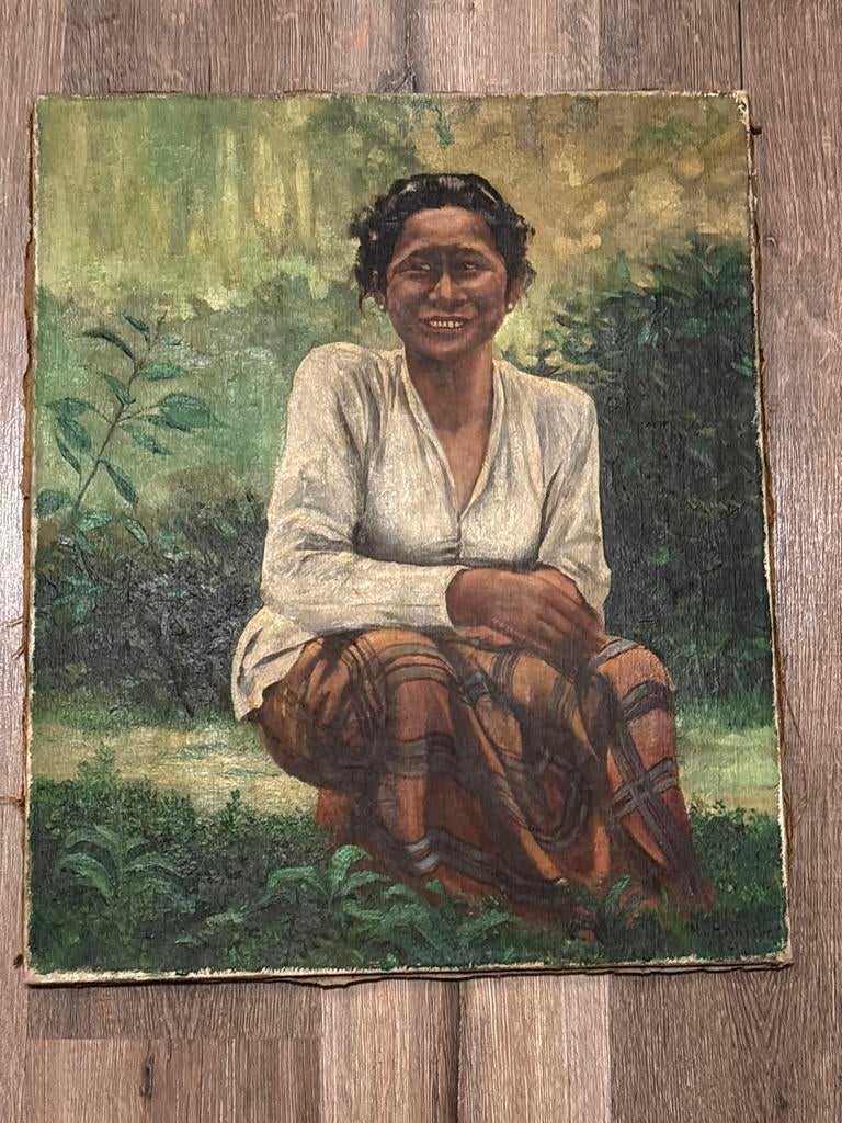 Vintage Olieverf Schilderij: Lachende Vrouw (1942), Ophalen of Verzenden