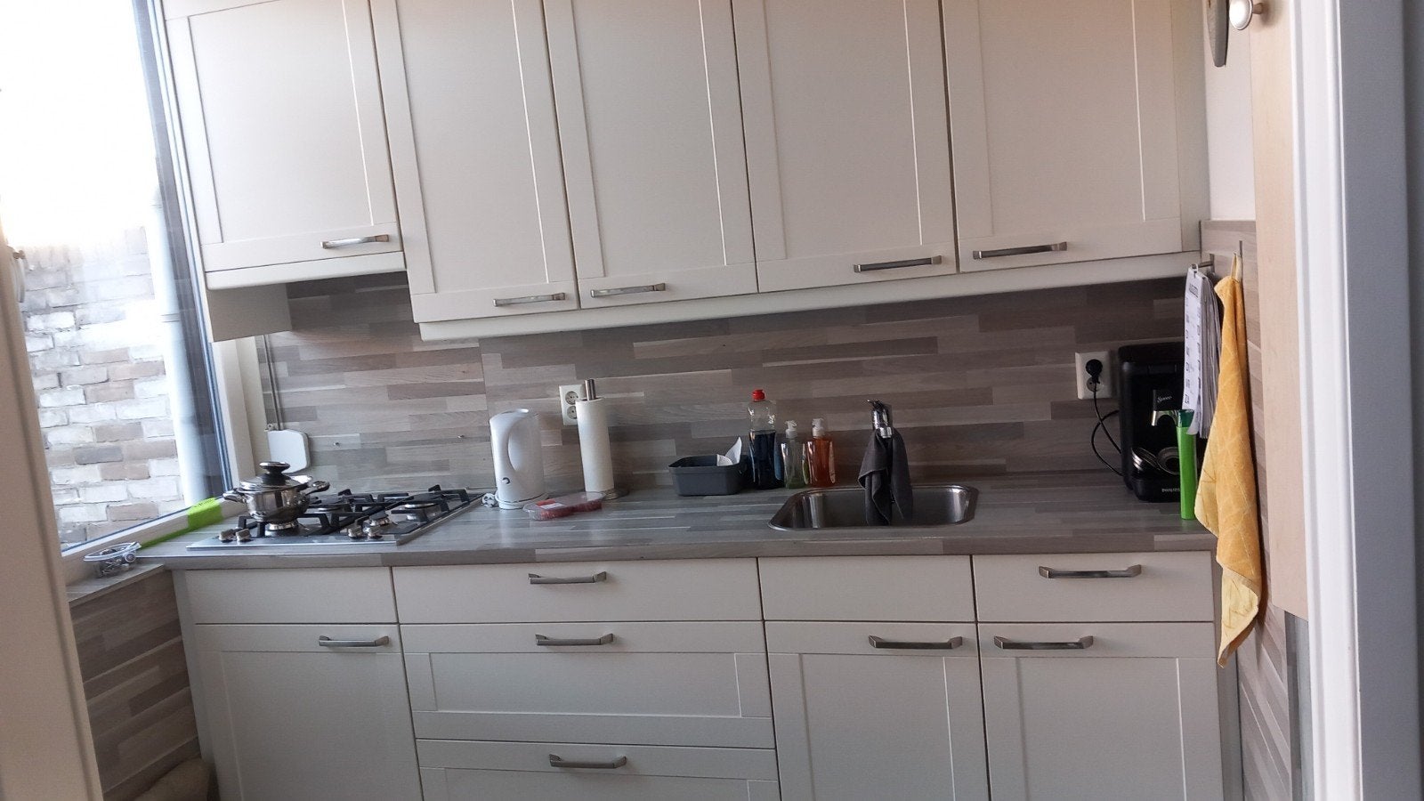 Witte keuken met keuken Blad en 4 gaspitten en kraan, Ophalen, Gebruikt, Wit, Enkelwandige keuken