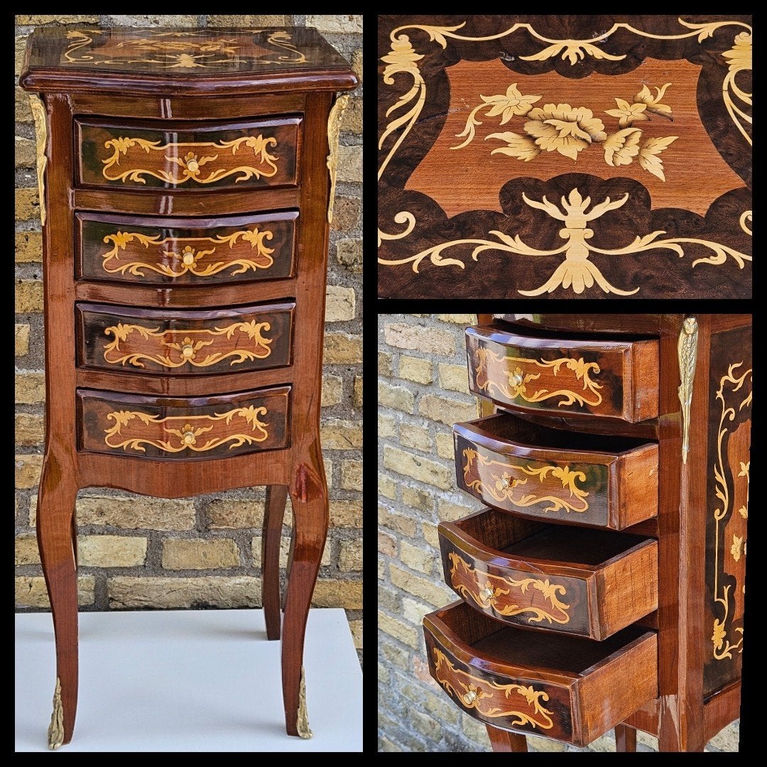 Lodwijk XV, Barok stijl ladenkast met intarsia en brons., Ophalen