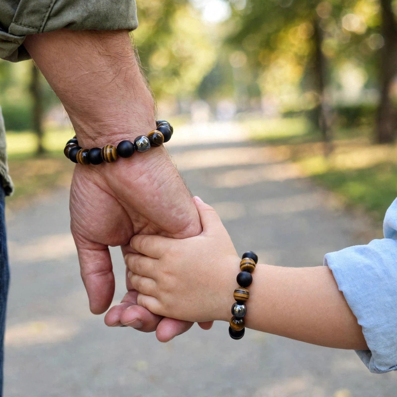 Armbanden set voor Vader & Zoon.-Tijgeroog / zwarte agaat, Zwart, Nieuw, Ophalen of Verzenden, Elastiek