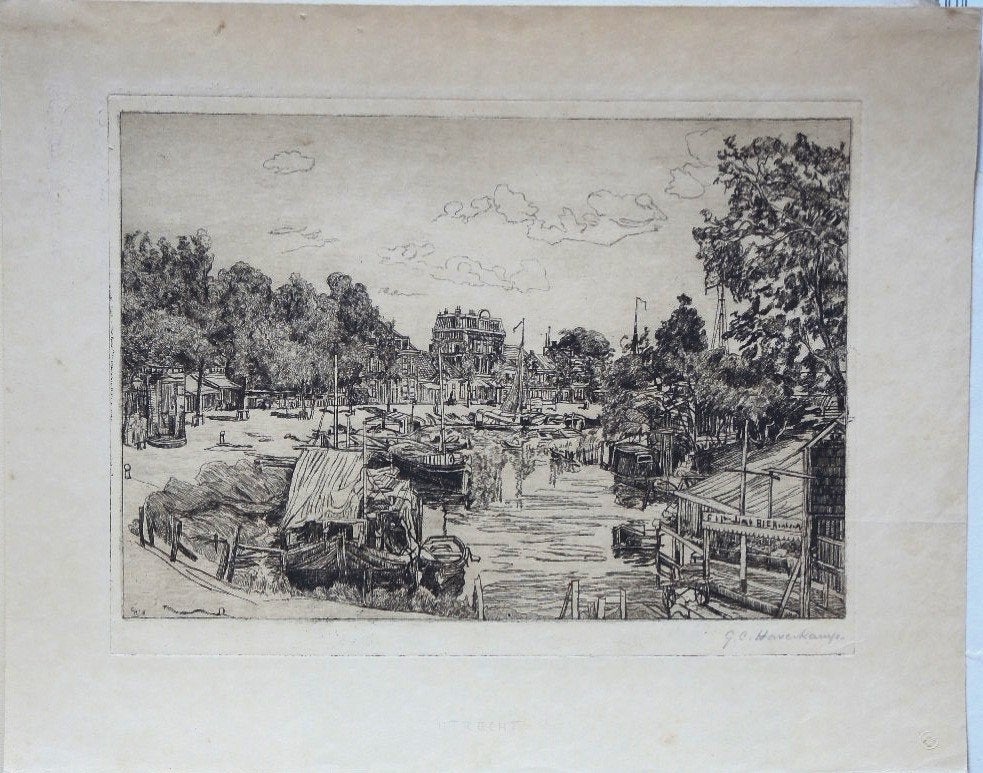 Gerrit Haverkamp ets "Grachtje in Utrecht", 1918, gesigneerd, Ophalen, Minder dan 50 cm, Gebruikt, Oorspronkelijke maker