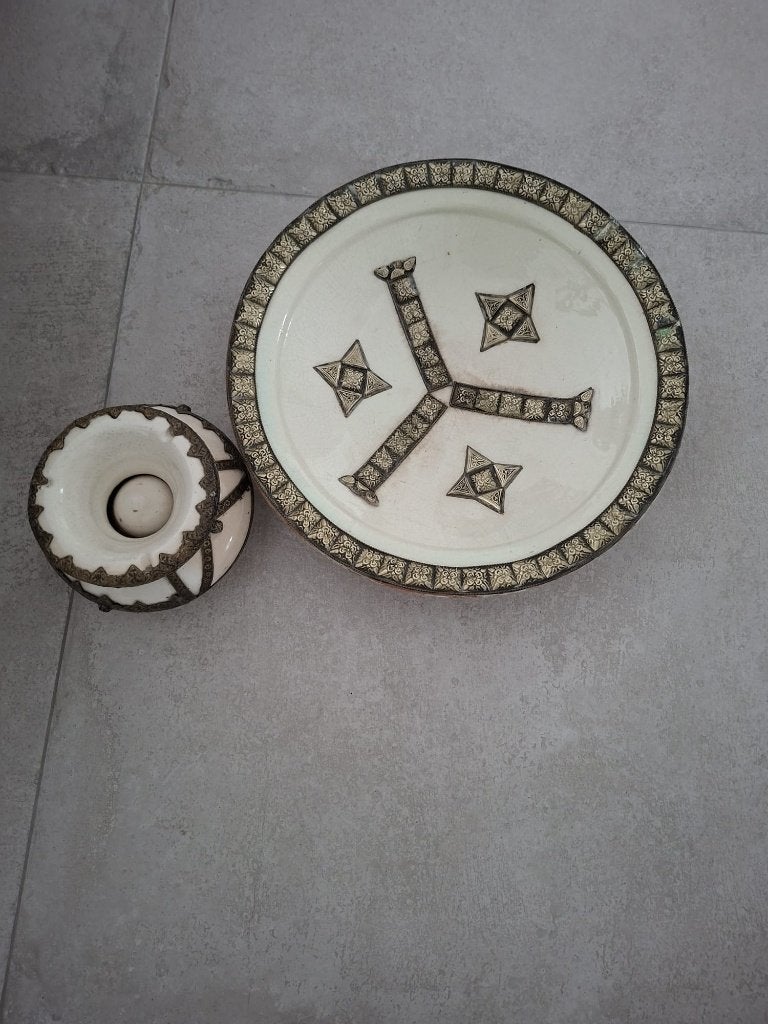 vintage Marokkaanse Safi schaal en pot met filigraanbeslag, Huis en Inrichting, Porselein of Keramiek, Schaal, Rond, Ophalen of Verzenden