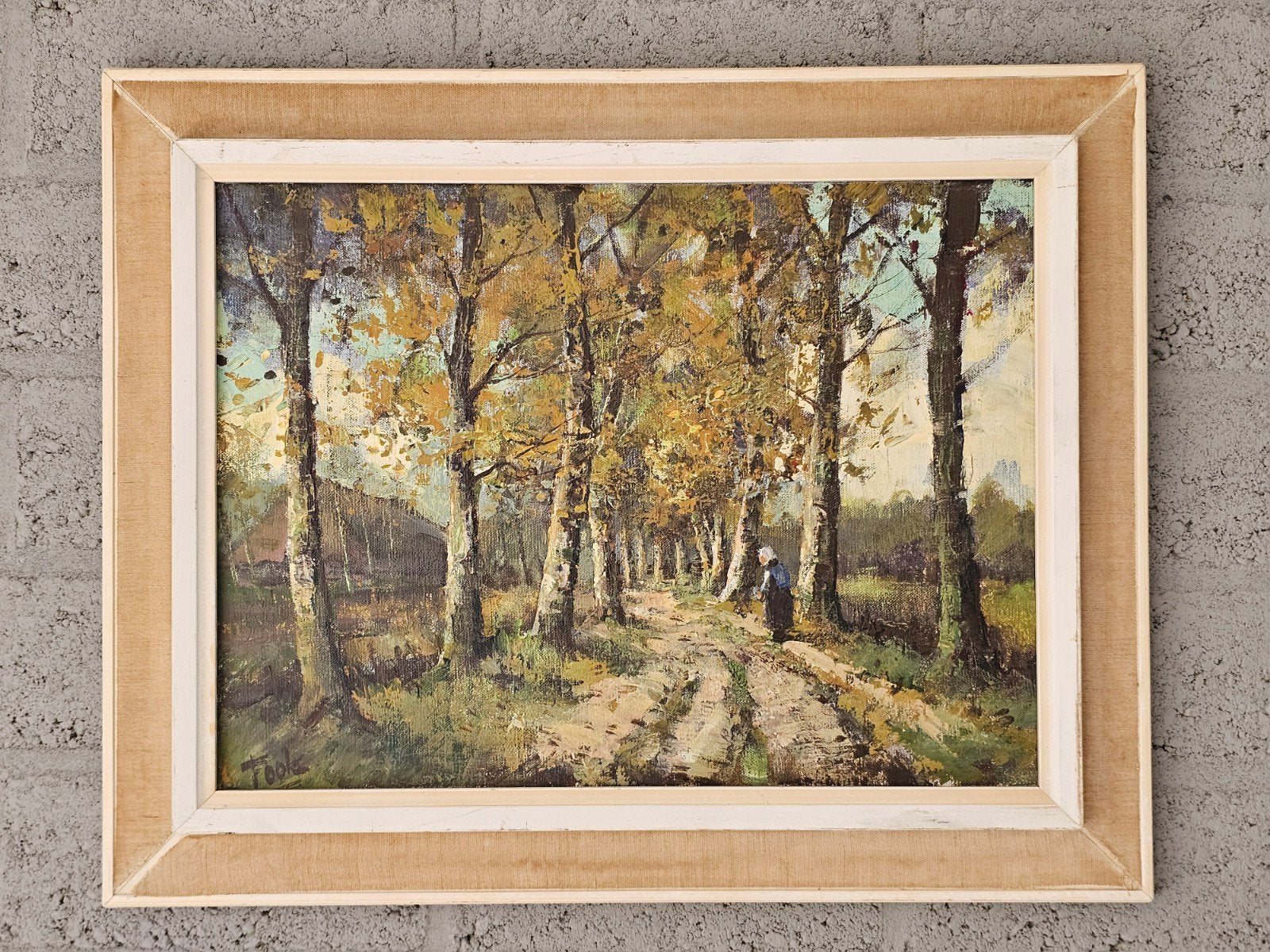 Schilderij 50x40 cm - Herfstlandschap met vrouw op pad, Antiek en Kunst, Kunst | Schilderijen | Klassiek, Doek, Realistisch, Landschap
