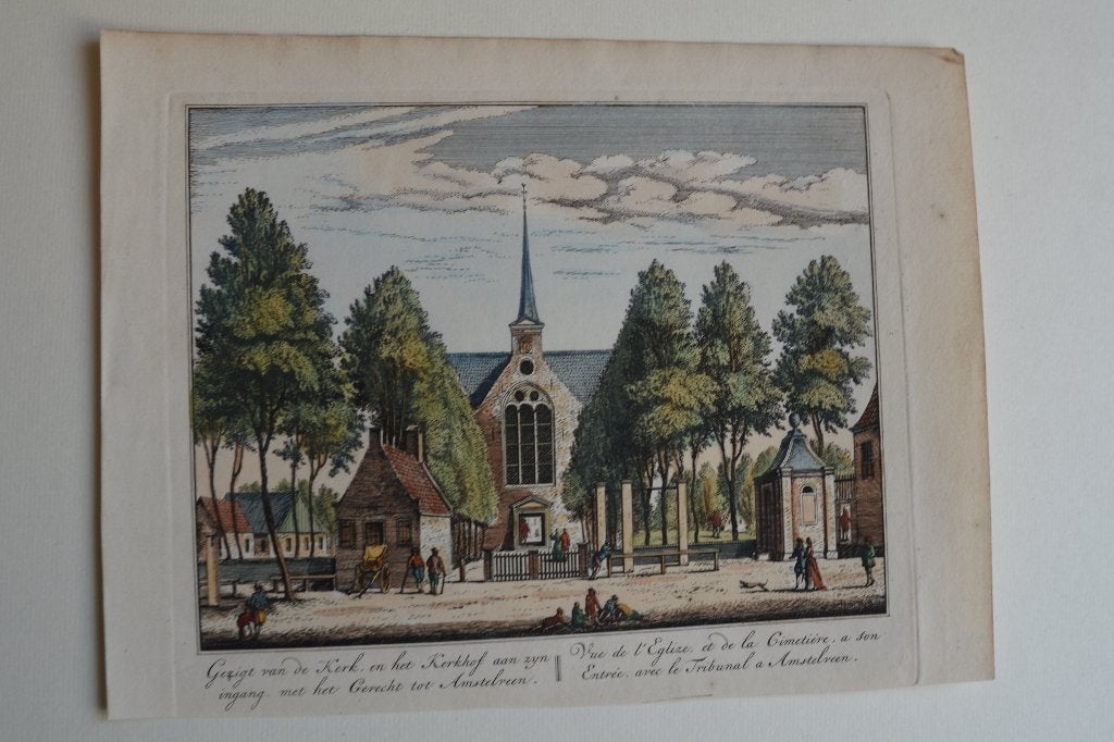 AMSTELVEEN KERK Handgekleurde kopergravure 1727 Schenk E50, Verzenden, Stadsgezicht, Handgekleurd, Gravure