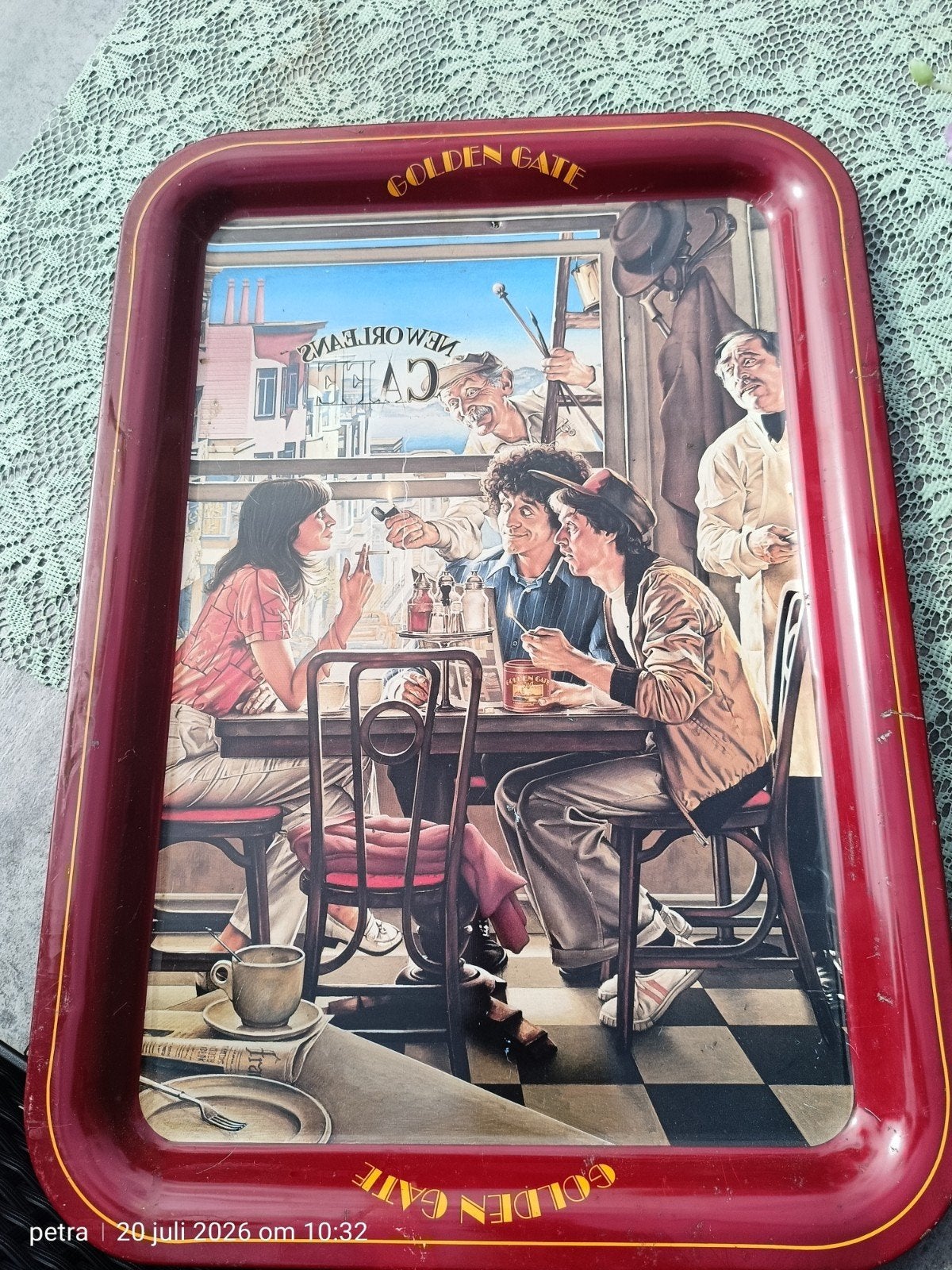 Vintage metalen dienblad 'Golden Gate' met cafétafereel, Ophalen of Verzenden
