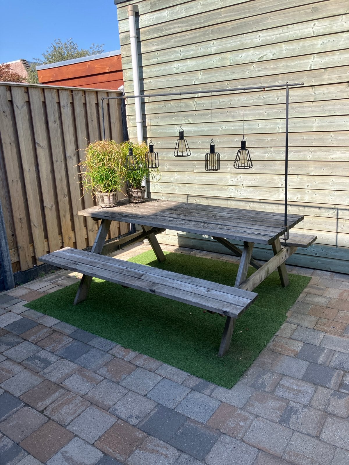 Robuuste houten picknicktafel voor tuin of terras, Ophalen, Gebruikt, Rechthoekig, Hout