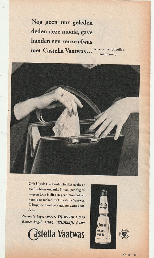 Retro reclame 1963 Castella Nijmegen vaatwas  met lotion, Verzamelen, Verzenden, Overige typen