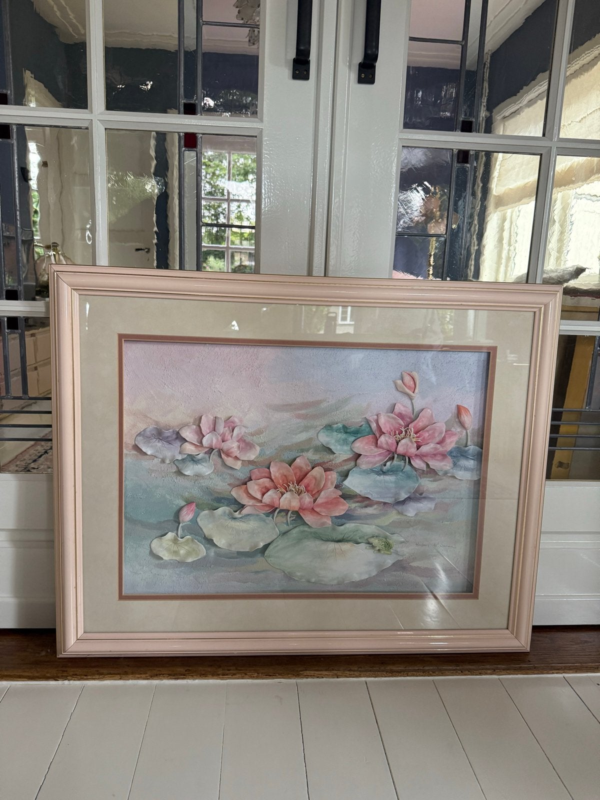 Hollywood Regency waterlelie schilderij met 3D effect, Overige ondergronden, Bijzondere lijst, Ophalen, Bloemen