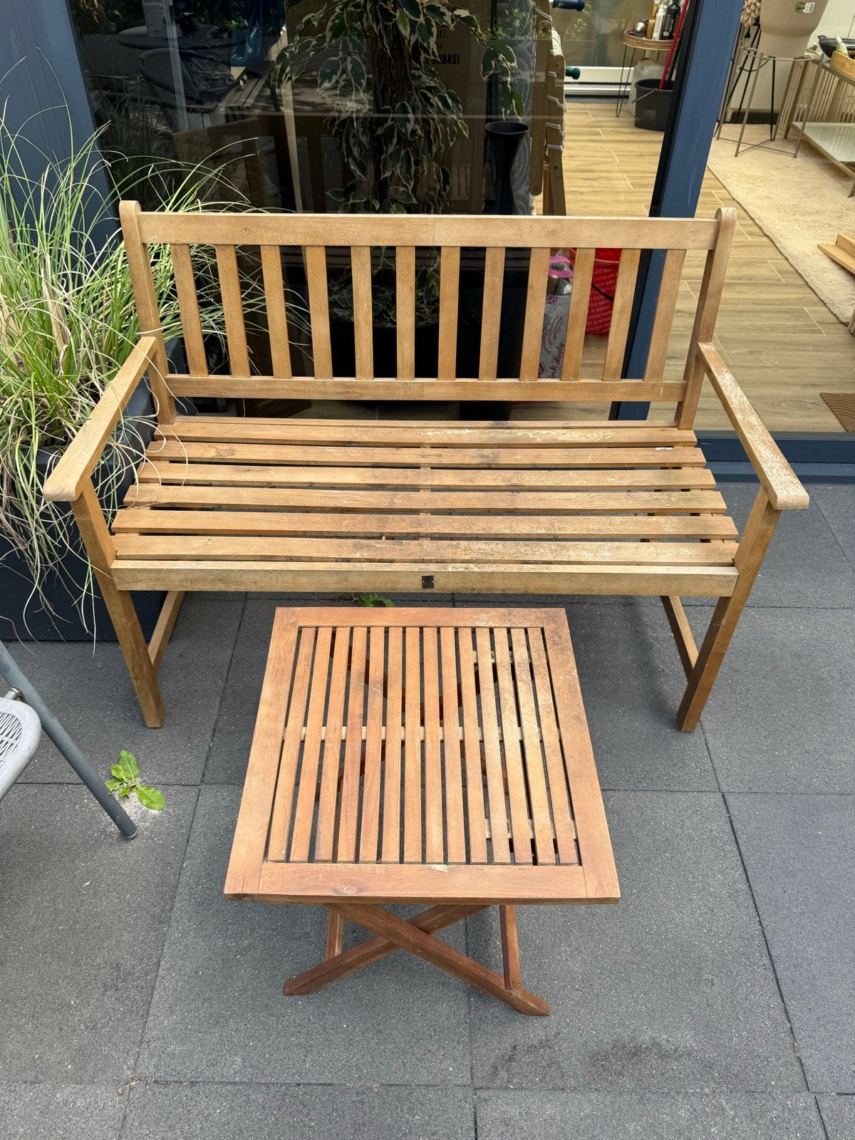 Houten balkon/tuin bankje met tafeltje, Tuin en Terras, Ophalen, Gebruikt, Hout