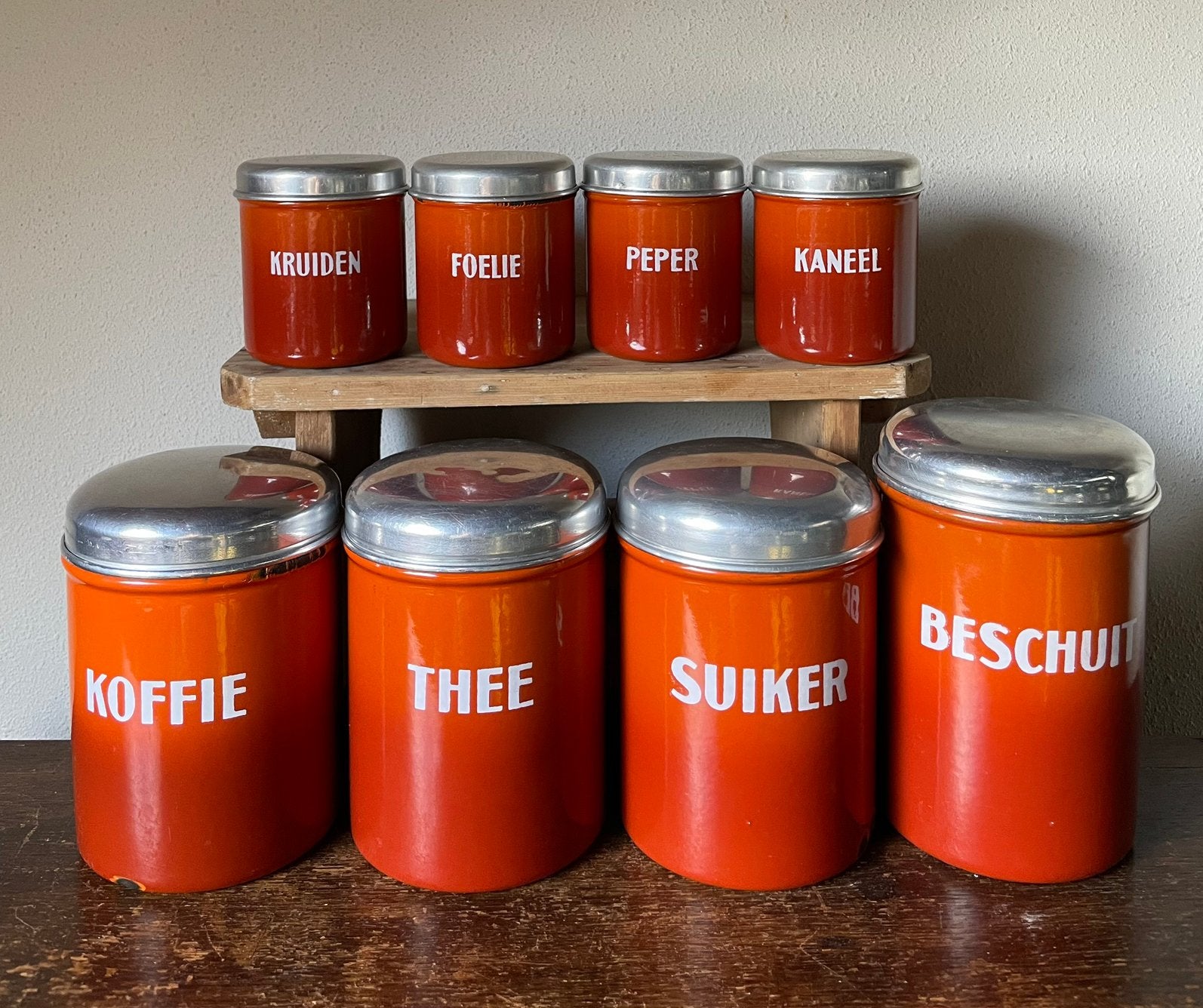 Oranje gevlamd emaille complete bussenset koffie thee suiker, Ophalen of Verzenden