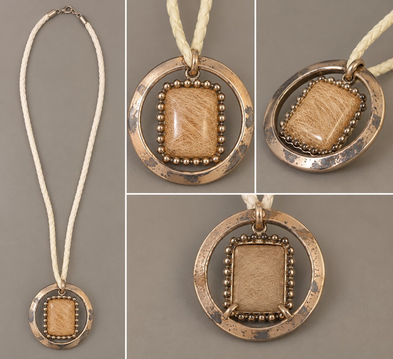 Ketting met grote ronde vintage hanger en gevlochten koord, Ophalen of Verzenden, Zilver, Overige materialen