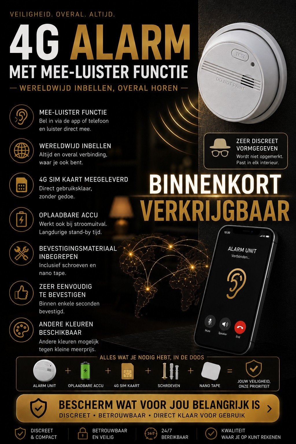 4G Alarm met Mee-luister Functie & Wereldwijd Inbellen, Ophalen of Verzenden, Nieuw, Detector, Sensor of Melder