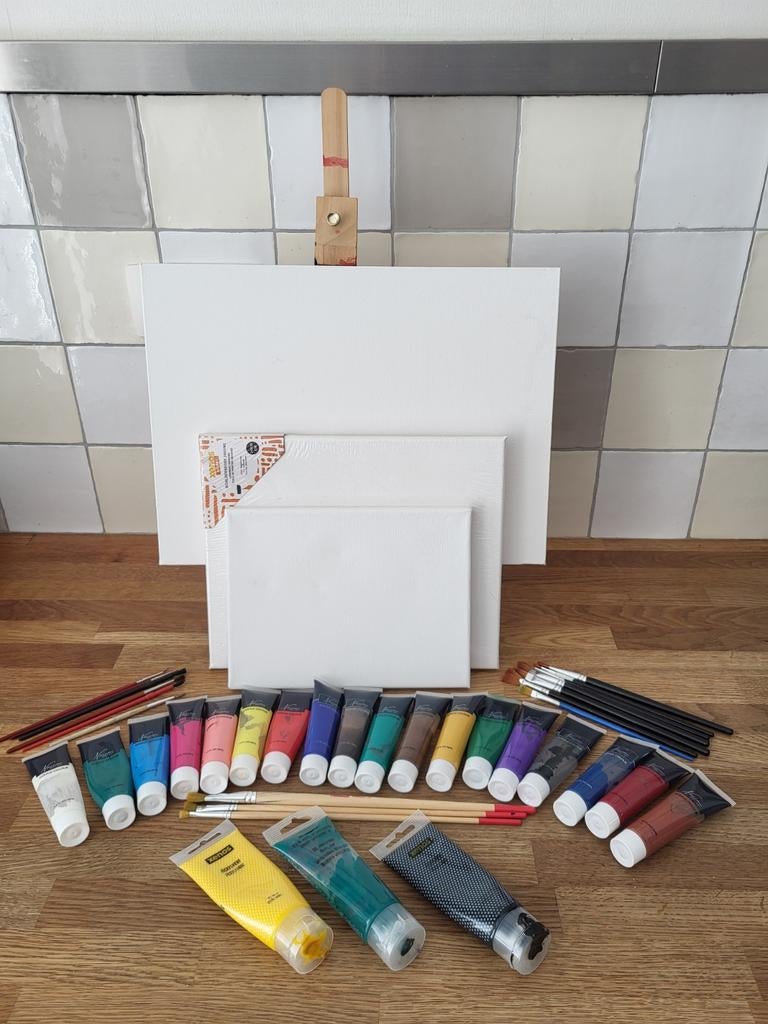 Complete Schilderset: Verf, Kwasten, Doeken & Ezel, Hobby en Vrije tijd, Schilderen, Ophalen, Zo goed als nieuw, Ezel
