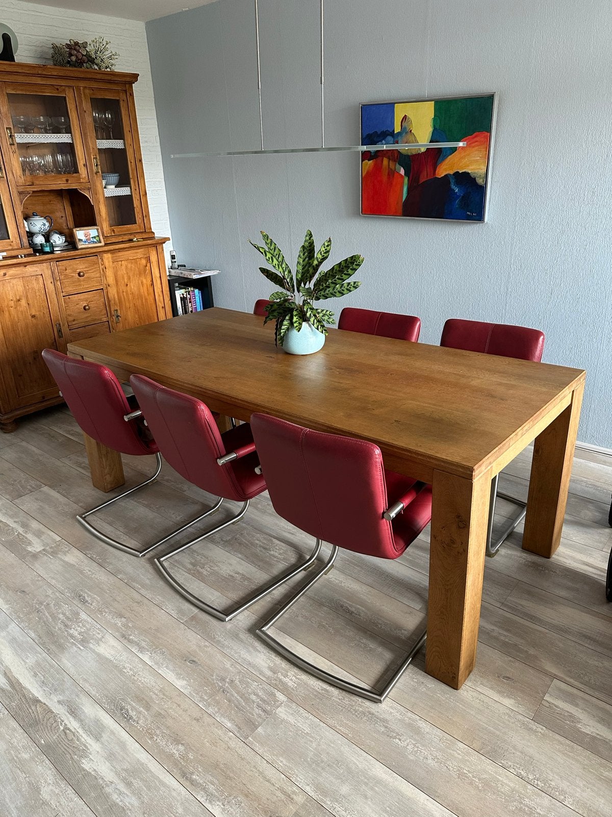 Uitschuifbare eettafel met 6 eetkamerstoelen, Ophalen, Gebruikt, Eikenhout, 200 cm of meer