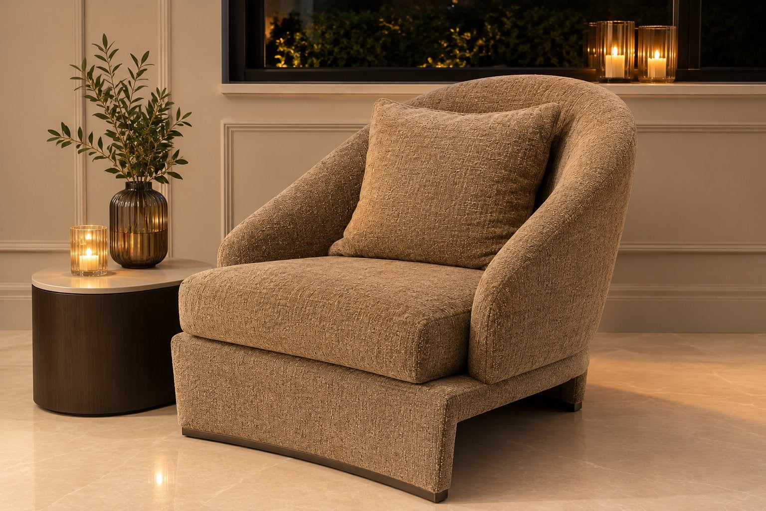 Comfortabele fauteuil in Greige (grijs-beige) stof, Ophalen, Minder dan 75 cm, Nieuw, 75 tot 100 cm