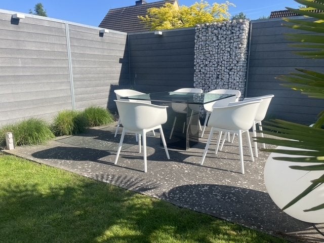 Glazen vierkante (tuin) eettafel, Gebruikt, Vierkant, Ophalen of Verzenden, Vijf personen of meer