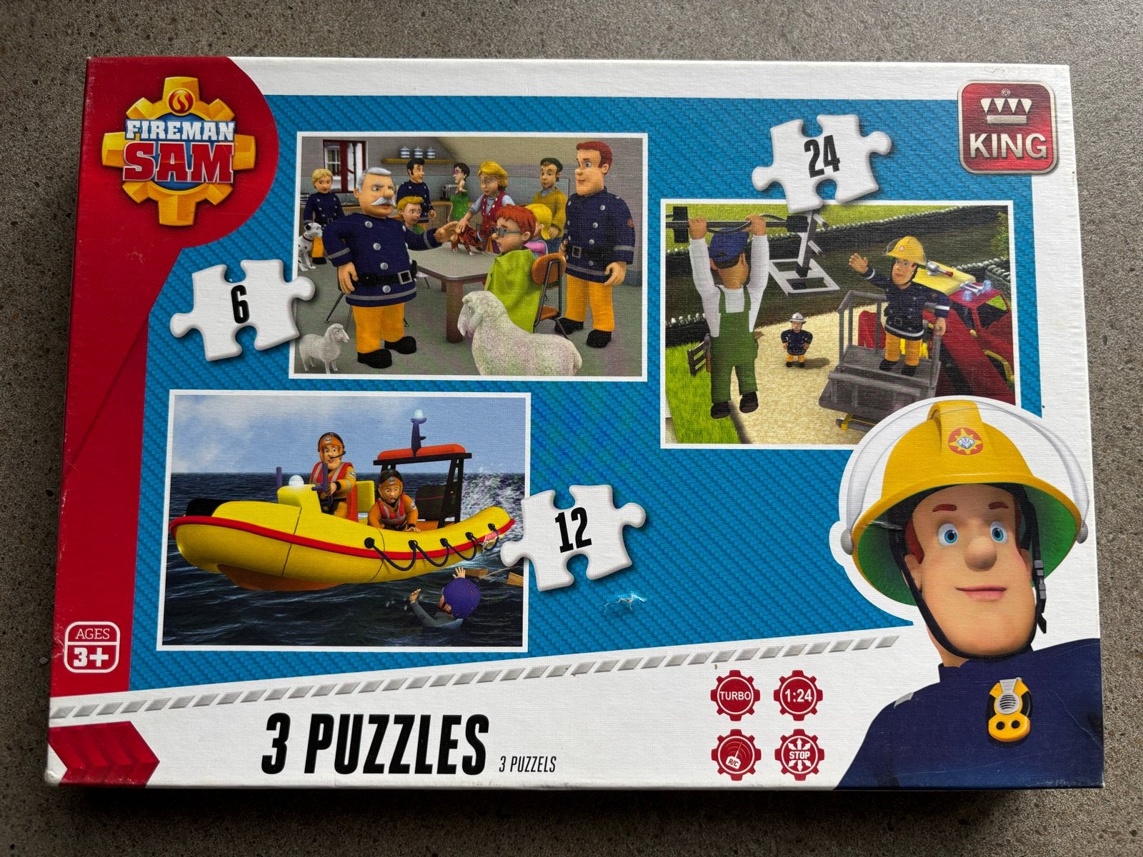 Brandweerman Sam Puzzels - 3 puzzels in 1 doos, Ophalen of Verzenden, 10 tot 50 stukjes, Gebruikt, 2 tot 4 jaar