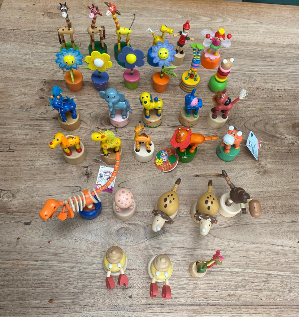 Houten drukpoppetjes dieren/bloemen, zgan, losse verkoop, Kinderen en Baby's, Speelgoed | Houten speelgoed, Ophalen of Verzenden