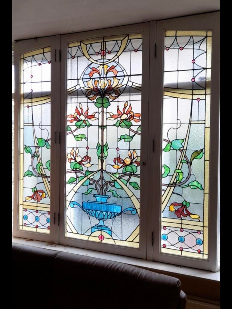 Glas in lood raam groot antiek , meerdere deuren en rame, Ophalen, Zo goed als nieuw, Minder dan 80 cm, Glas in lood