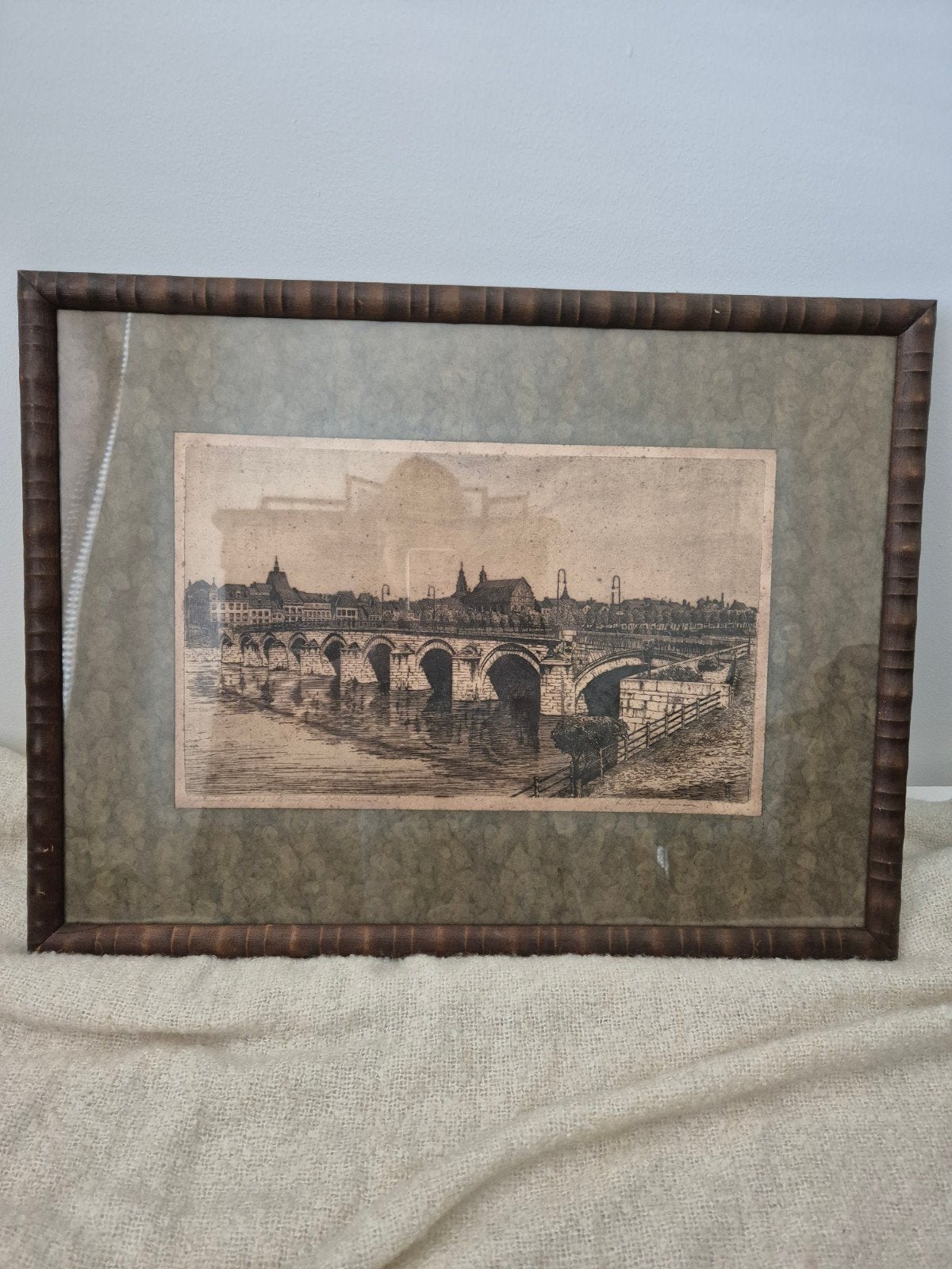 Oude ets van een brug in maasstricht, ingelijst, Ingelijst, 1800 - 1899, Ets, Ophalen of Verzenden