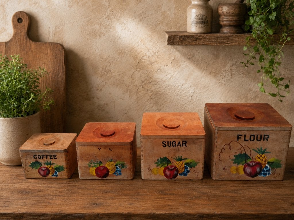 Houten keuken set,- koffie, thee, suiker, bloem, Gebruikt, Hout, Ophalen of Verzenden, Voorraadpot