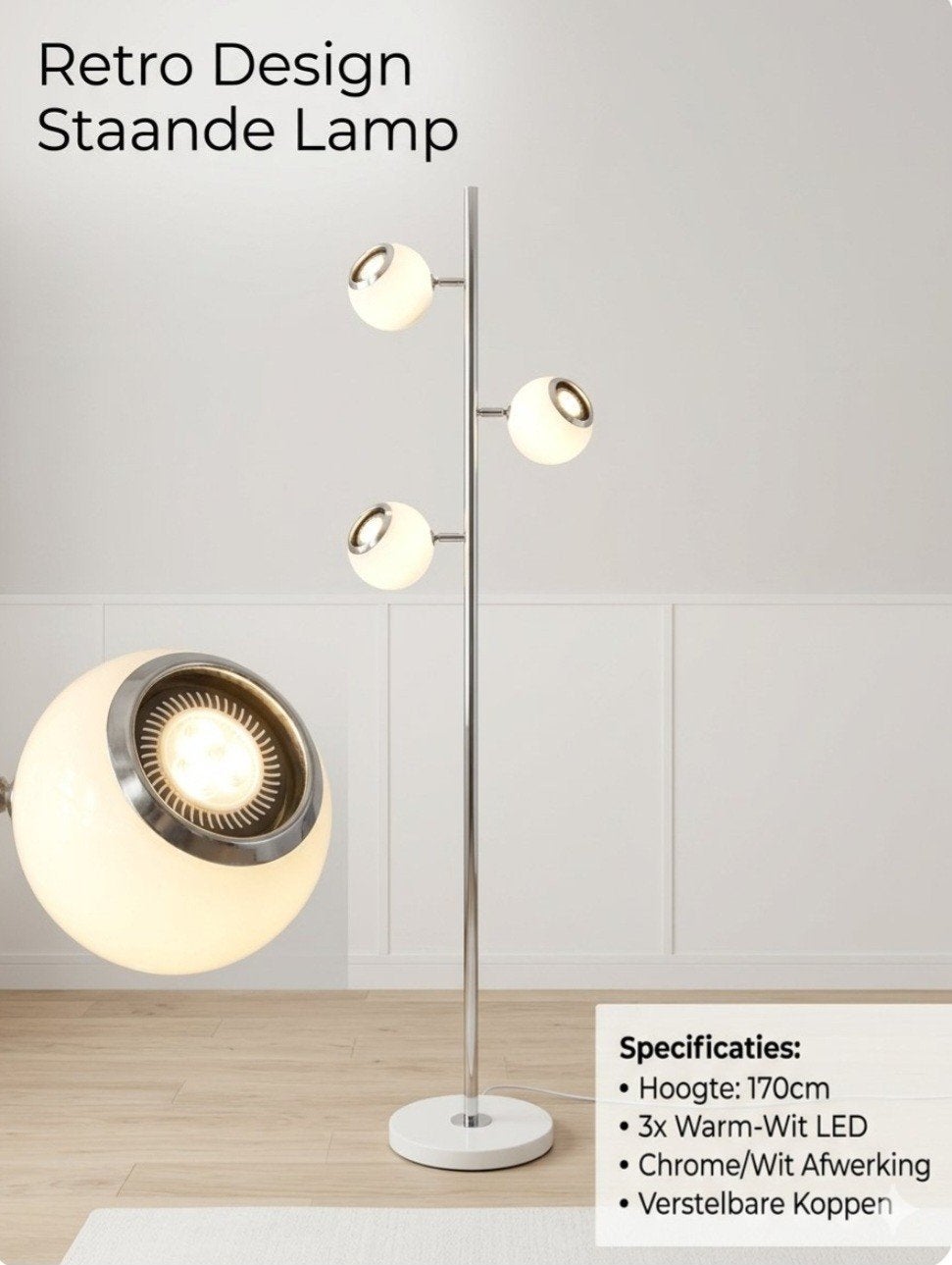 Retro Design Vloerlamp "Lotte" • Chroom / Wit • Space Age St, Ophalen