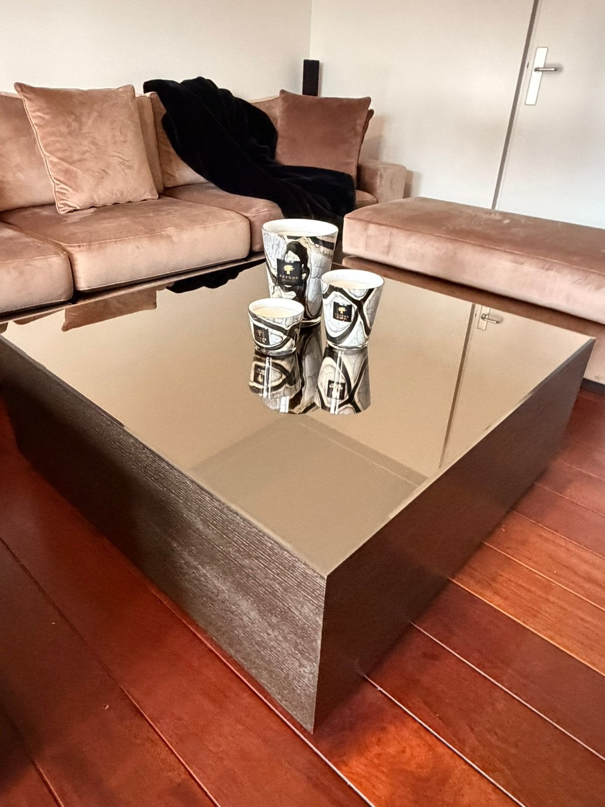 Salontafel bruin/glas brons driehoekmeubelen, Ophalen, 100 tot 150 cm, 50 tot 100 cm, Rechthoekig