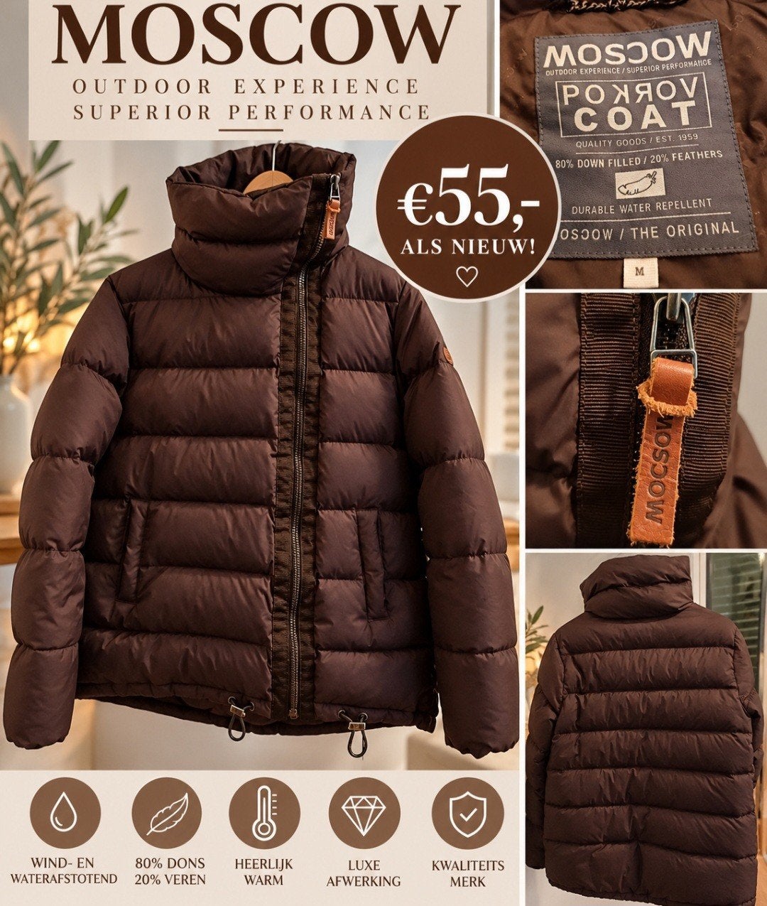 MOSCOW DONZEN BRUINE WINTERJAS, Kleding | Dames, Ophalen of Verzenden, Zo goed als nieuw, Bruin