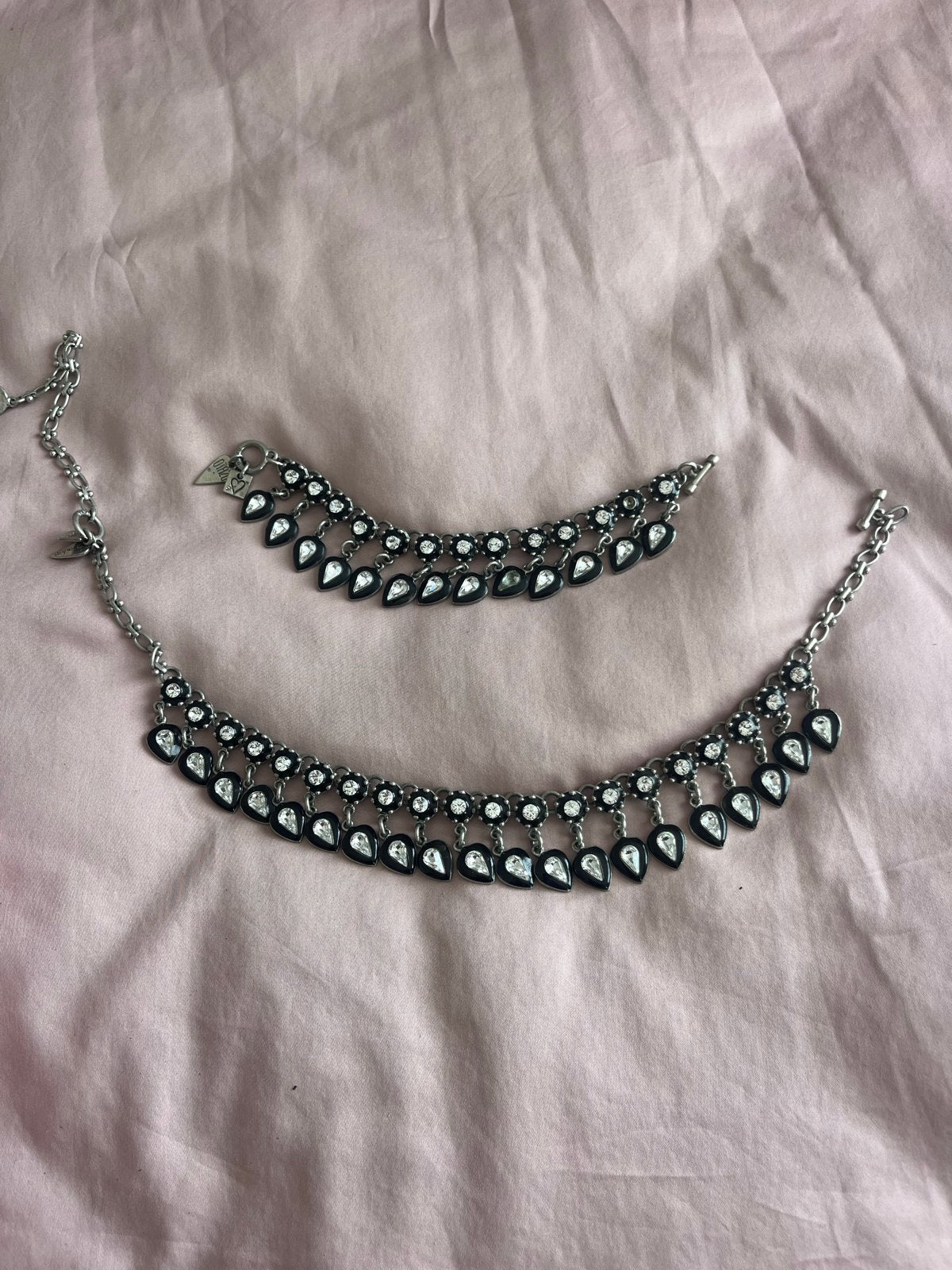 Otazu Vintage Ketting en Armband Set - Zilverkleurig met Kri, Met kristal, Overige materialen, Ophalen of Verzenden, Zo goed als nieuw