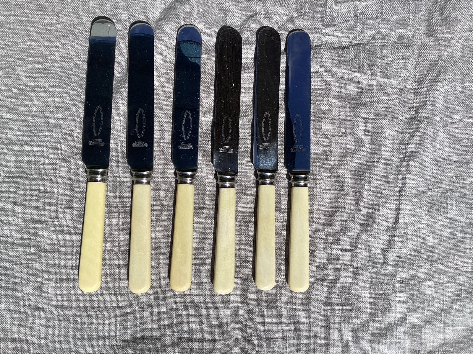 Set van 6 vintage messen met benen heft, 21 cm, Antiek en Kunst, Antiek | Bestek, Ophalen of Verzenden
