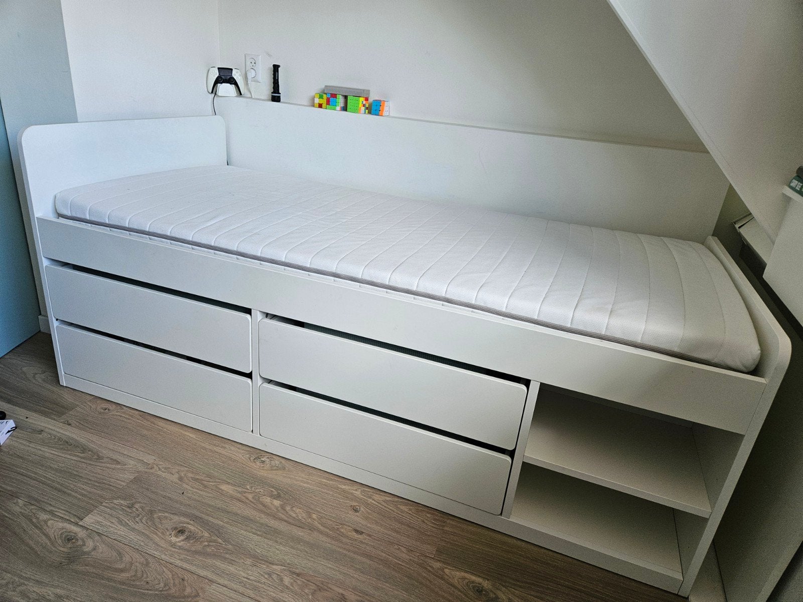 IKEA Kinderbed met Matras en Opberglades, Ophalen, Gebruikt, 90 cm, Wit