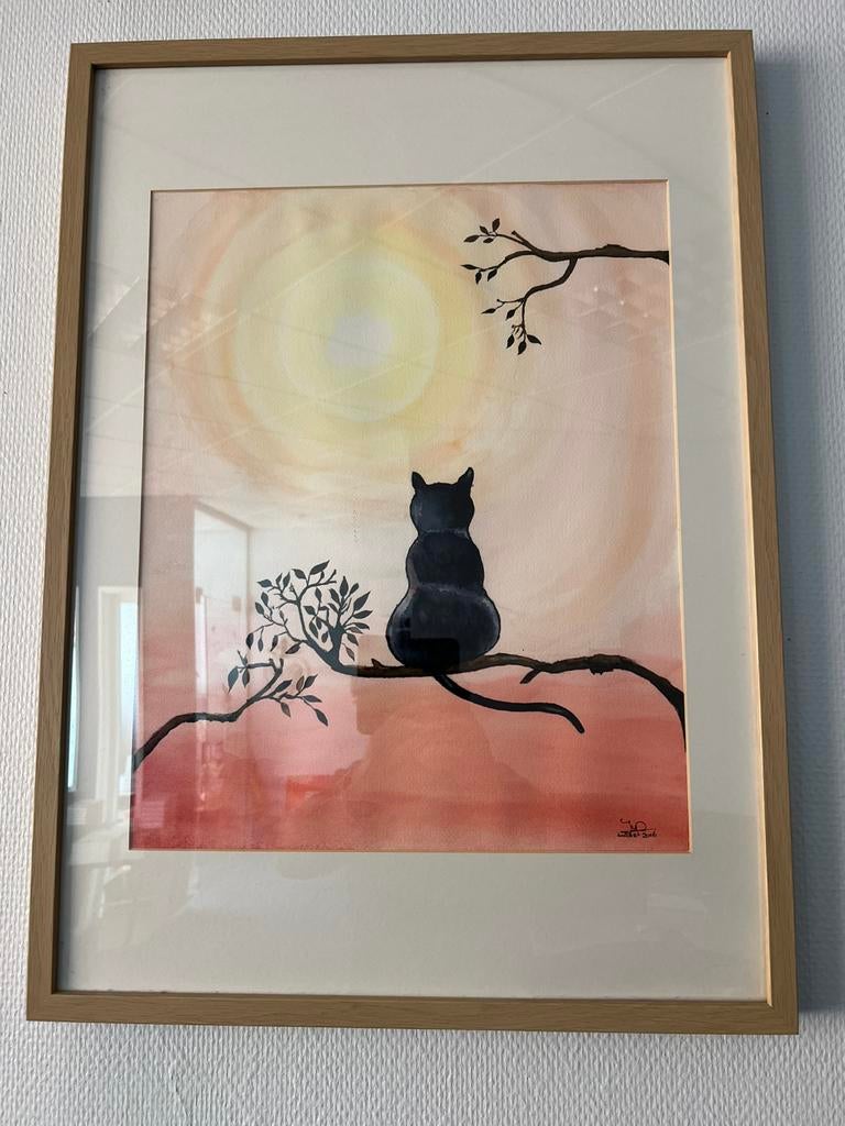 AQUAREL Schilderij “Mijmerende Poes” in lijst (53 x 73 cm), Ophalen, Oorspronkelijke maker, Zo goed als nieuw, Schilderij