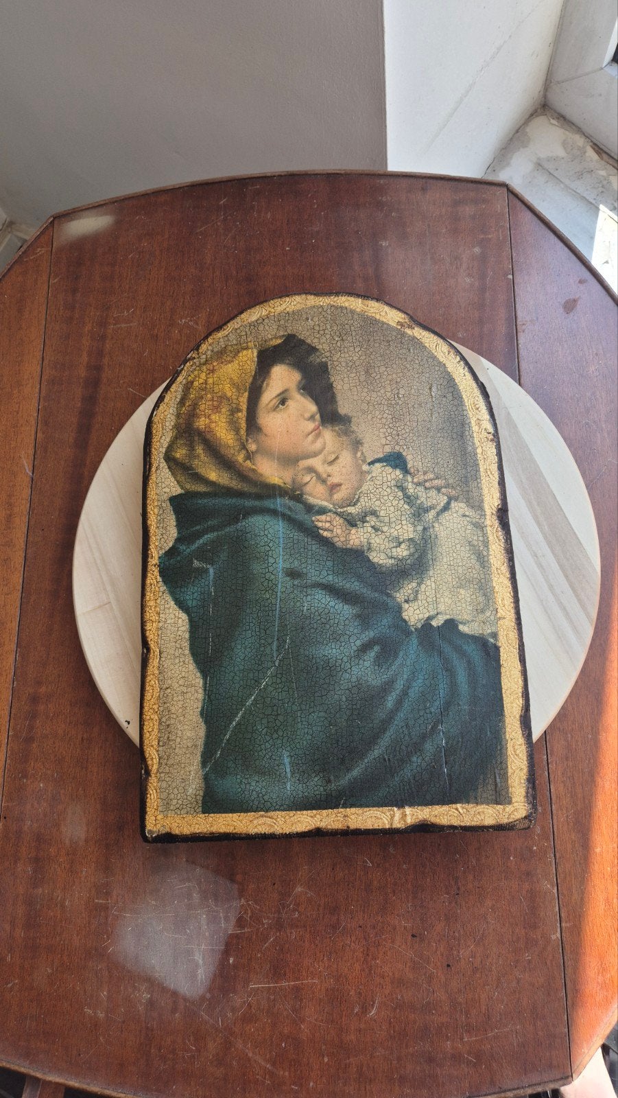 Vintage Italiaans houten icoon/plaquette Madonna met Kind, Antiek en Kunst, Antiek | Religie, Ophalen of Verzenden