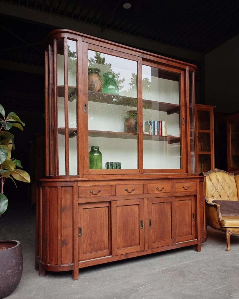 Antieke winkelkast | Museumkast halfrond | Teakhout #9333, Ophalen of Verzenden