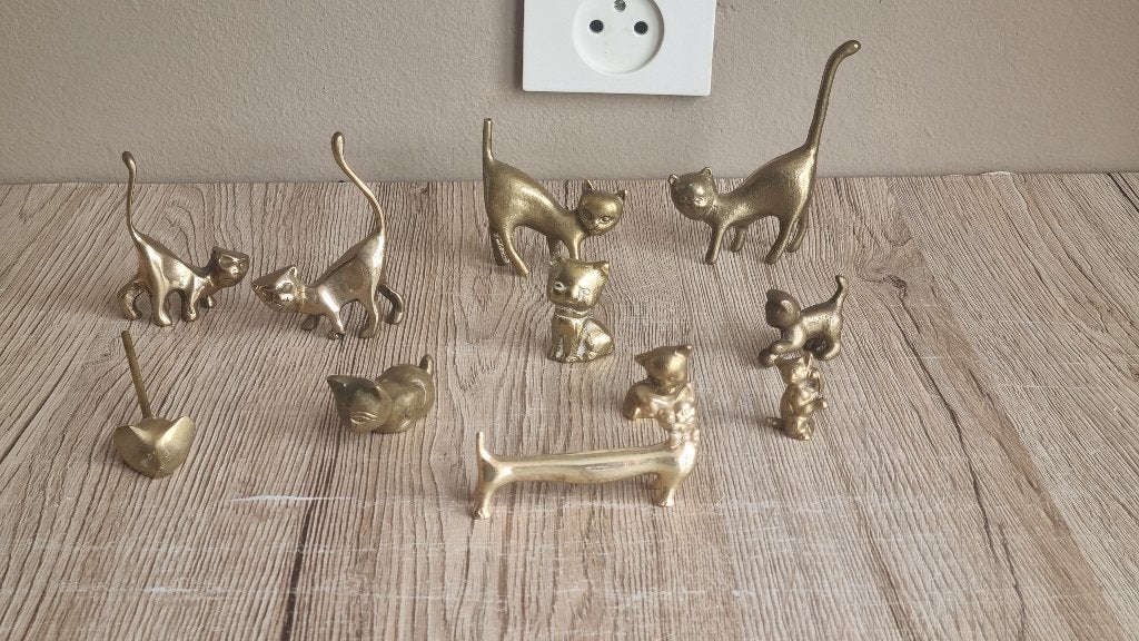 Prachtige Vintage Verzameling Katten Beelden Koper Messing, Verzenden, Gebruikt, Hond of Kat, Beeldje of Figuurtje
