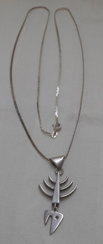Zilveren lange ketting met modernist vis hanger nr.088, Met hanger, Verzenden, Zo goed als nieuw, Zilver