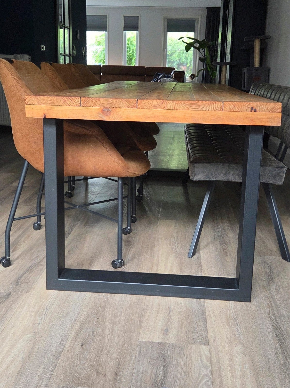 Complete stijgerhouten eetkamer set., Ophalen, Gebruikt, 200 cm of meer, 50 tot 100 cm
