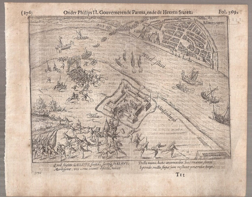 Nijmegen Engelsen bij Nijmegen door Parma verslagen 1585, Militair, Gravure, Met tekst, 13 cm