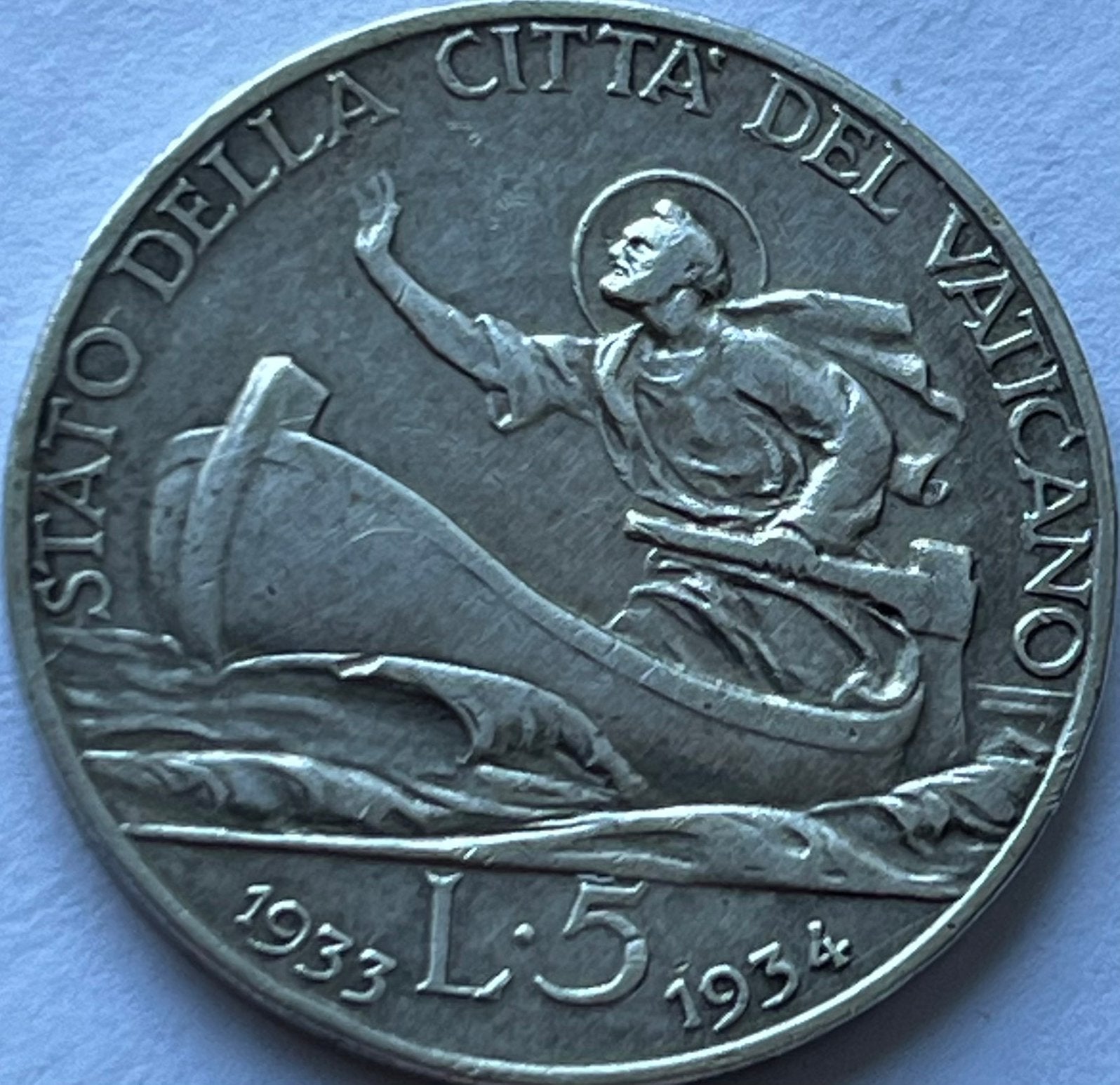 Vaticaan zilveren vijf lire 1933/34, Ophalen of Verzenden, Italië, Losse munt, Zilver