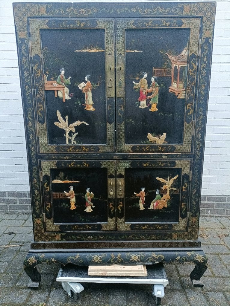 Chinees zwart lackkast, oosters meubel, japans style tv kast, Ophalen