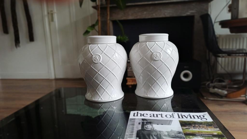 Riviera Maison ginger potten met deksel - set, Ophalen, Wit, Aardewerk of Porselein, Zo goed als nieuw