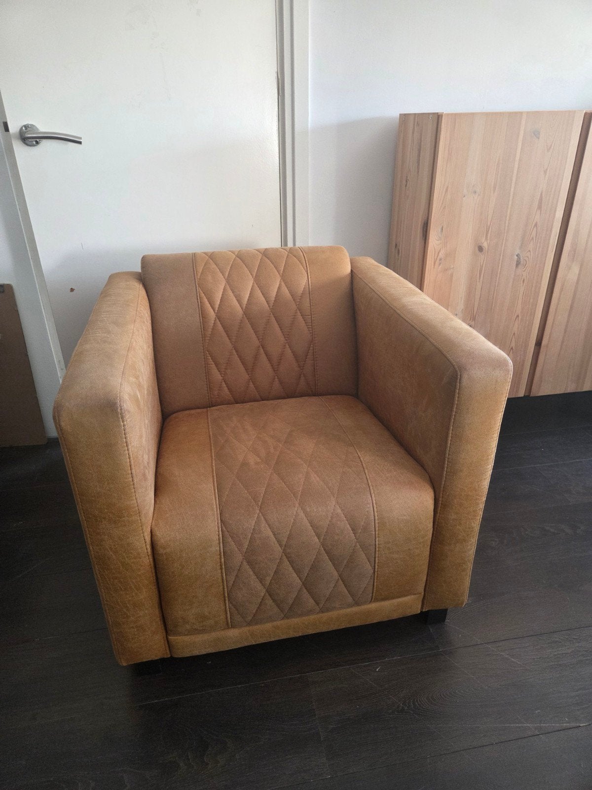 Stoere cognac fauteuil / clubfauteuil – vintage industriële, Ophalen of Verzenden, Gebruikt, 75 tot 100 cm, 50 tot 75 cm