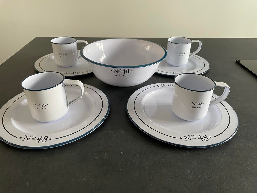 Riviera Maison servies set, wit met blauwe rand, Ophalen, Overige materialen, Gebruikt, Overige stijlen