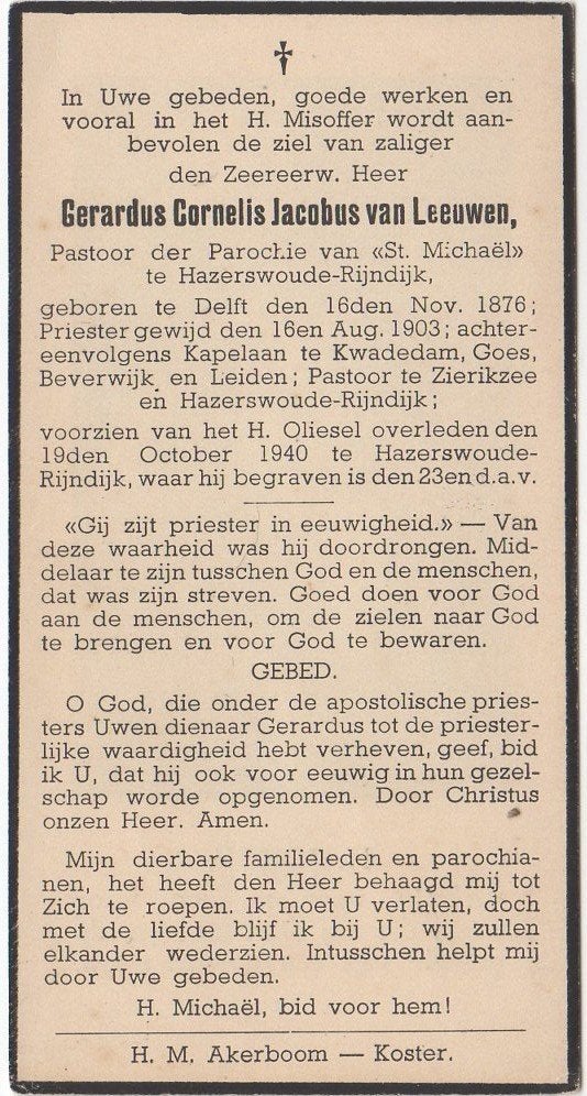 pastoor Gerardus van Leeuwen 1876 Delft + 1940 Hazerswoude, Ophalen of Verzenden