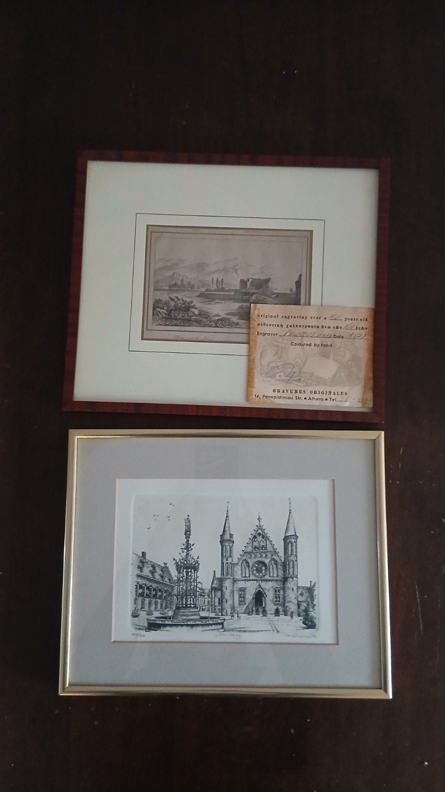 Twee ingelijste originele gravures, Antiek en Kunst, Ophalen, Handgekleurd, 1950 - 1999, Gravure