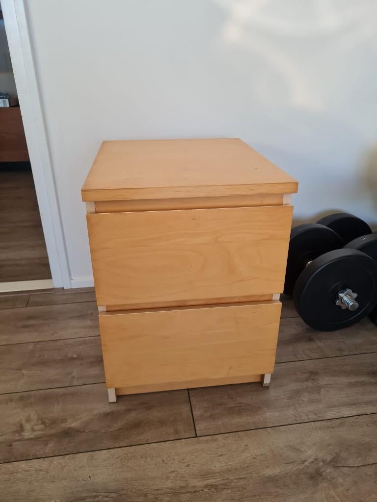 Houten ladekast / nachtkastje met 2 lades – licht hout kleur, Minder dan 50 cm, Gebruikt, 1 of 2 laden, Ophalen of Verzenden